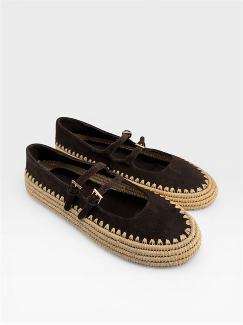 Scarpe da donna ballerine Mary Jane in suede marrone con suola intrecciata MORMORA | F256043CROSTABROWN