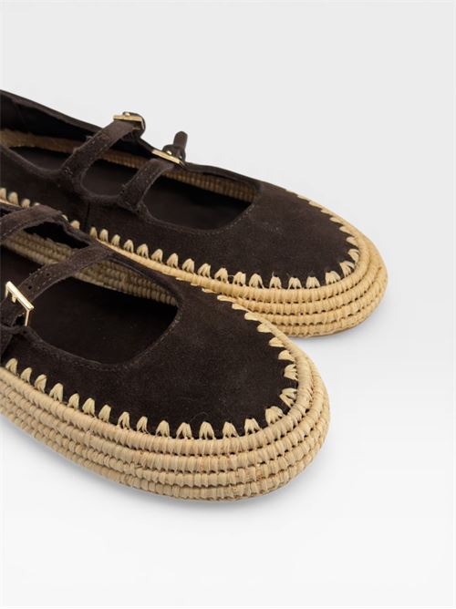 Scarpe da donna ballerine Mary Jane in suede marrone con suola intrecciata MORMORA | F256043CROSTABROWN